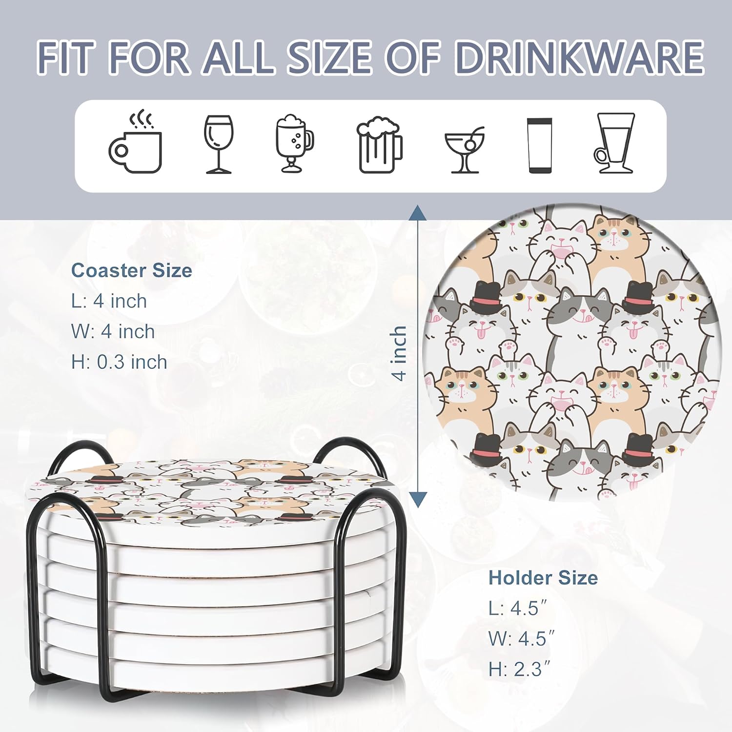 Drink Coasters Set of 6 with Holder, Cute Cats Absorbent Ceramic Coasters with Cork Base,Fit All Cups,Great Gift for Housewarming,Room Decor,Bar,Holiday Party