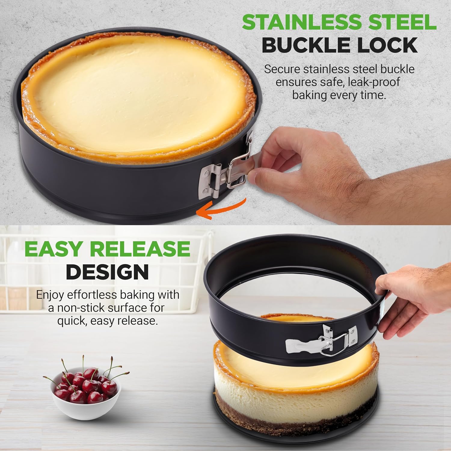 NutriChef 9 Inch Nonstick Cheesecake Springform Cake Pan | Stainless Steel Clasp & Removable Bottom | Durable Stainless Steel Cheesecake Pan | Easy to Clean | Includes 100 Parchment Papers | Black