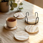 VEYRO Coasters Set of 4 for Drinks – Absorbent Ceramic Stone Drink Coasters with Cork Backing for Coffee Table & Desk, Modern Marble Look Cup Coaster Set, Housewarming Gift for New Home