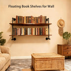ROGMARS Industrial Pipe Solid Wooden Floating Book Shelves for Living Room Wall Shelving Kitchen Wall Shelves Bar Shelving 48 inch Rustic Farmhouse Shelves 2 Tier