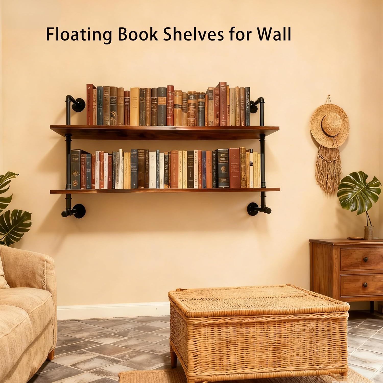 ROGMARS Industrial Pipe Solid Wooden Floating Book Shelves for Living Room Wall Shelving Kitchen Wall Shelves Bar Shelving 48 inch Rustic Farmhouse Shelves 2 Tier