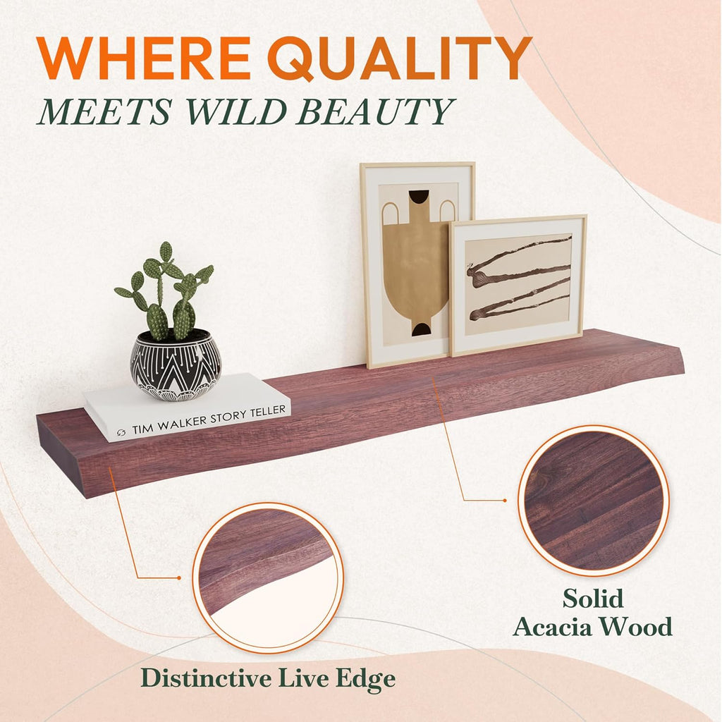 36" Acacia Live Edge Floating Shelves Set of 2 - Wall Mounted Wooden Shelf for Stylish Home Décor - Cherry Color 36x7.5x1.5 Inches