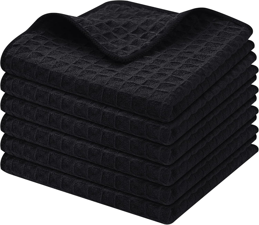 Homaxy Microfiber Waffle Weave Kitchen Dish Cloths, 12 x 12 Inch Ultra Absorbent and Solid Color Dish Towels for Kitchen Fast Drying Dishcloth for Washing Dishes, 6 Pack, Black