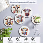 6 Pcs Coasters for Drinks with Holder, Highland Cows Flowers Absorbent Ceramic Coasters with Cork Base,Cute Funny Table Drinks Coasters Tabletop Protection Mat,Table Home Decor,4 Inches
