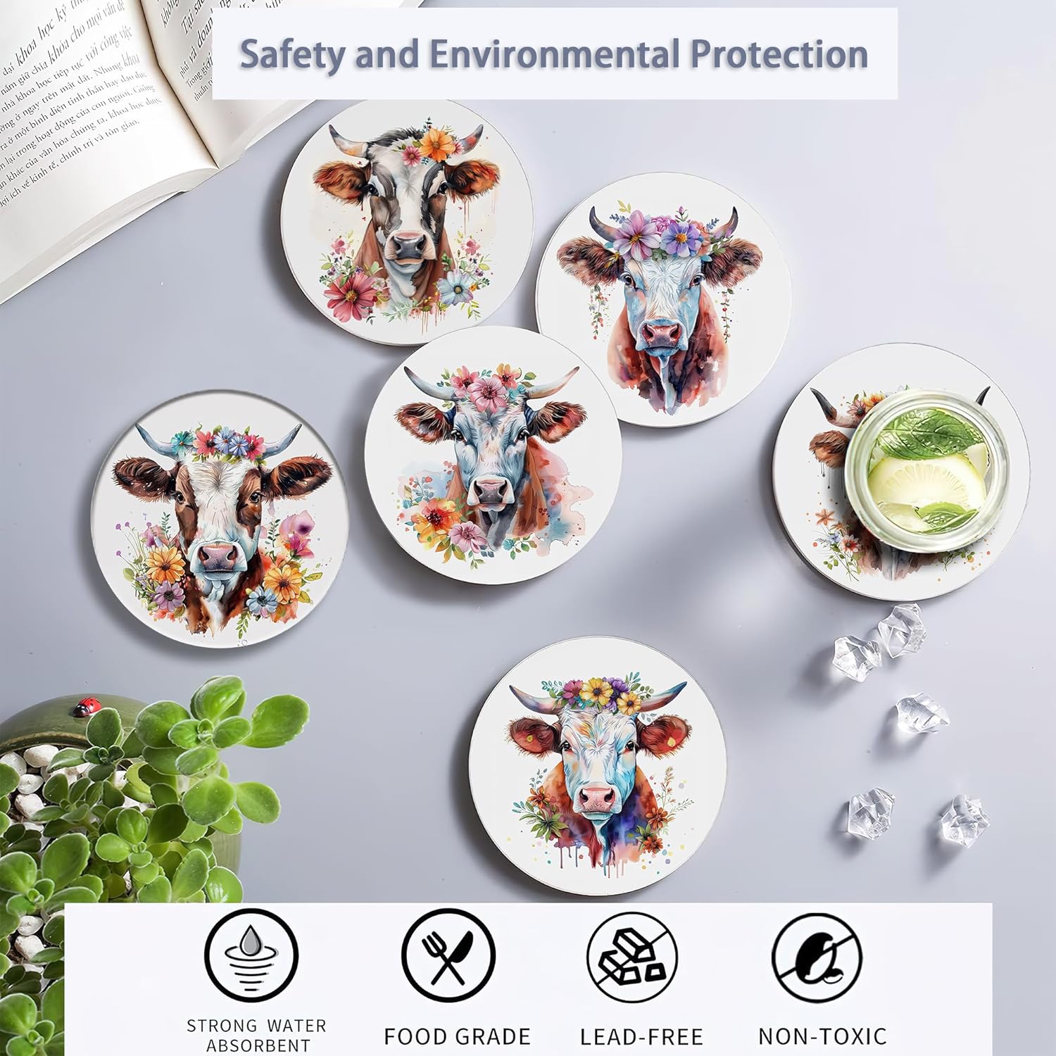 6 Pcs Coasters for Drinks with Holder, Highland Cows Flowers Absorbent Ceramic Coasters with Cork Base,Cute Funny Table Drinks Coasters Tabletop Protection Mat,Table Home Decor,4 Inches
