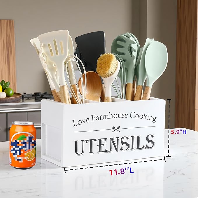 Kitchen Utensil Holder,Farmhouse Wooden Utensil Holder For Kitchen Counter,Large Cooking Spatula Organizer,Big Storage With 3 Compartments Flatware Spoon Tool Cutlery(White)