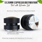 53mm Espresso Distributor, Distribution Tool Aluminum Alloy, Stainless Steel and Walnut Wood Cap, Adjustable Height Leveler for 54mm Portafilters, Espresso Coffee Accessories
