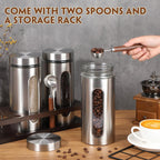 Suclain Stainless Steel Coffee Grounds Canisters with Shelf 3 x 50oz Sugar Coffee Bean Storage Container with Airtight Threaded Lid, Glass Window, Scoop Kitchen Storage Jar Set for Bar Creamer Nut Tea