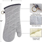 1 Pair Yarn Dyed Oven Mitts 100% Cotton Heat Resistant 470 Degree Gloves Men Women Cooking Baking Barbecue BBQ Microwave Crafting Machine Washable Pot Holders Mittens (Grey)