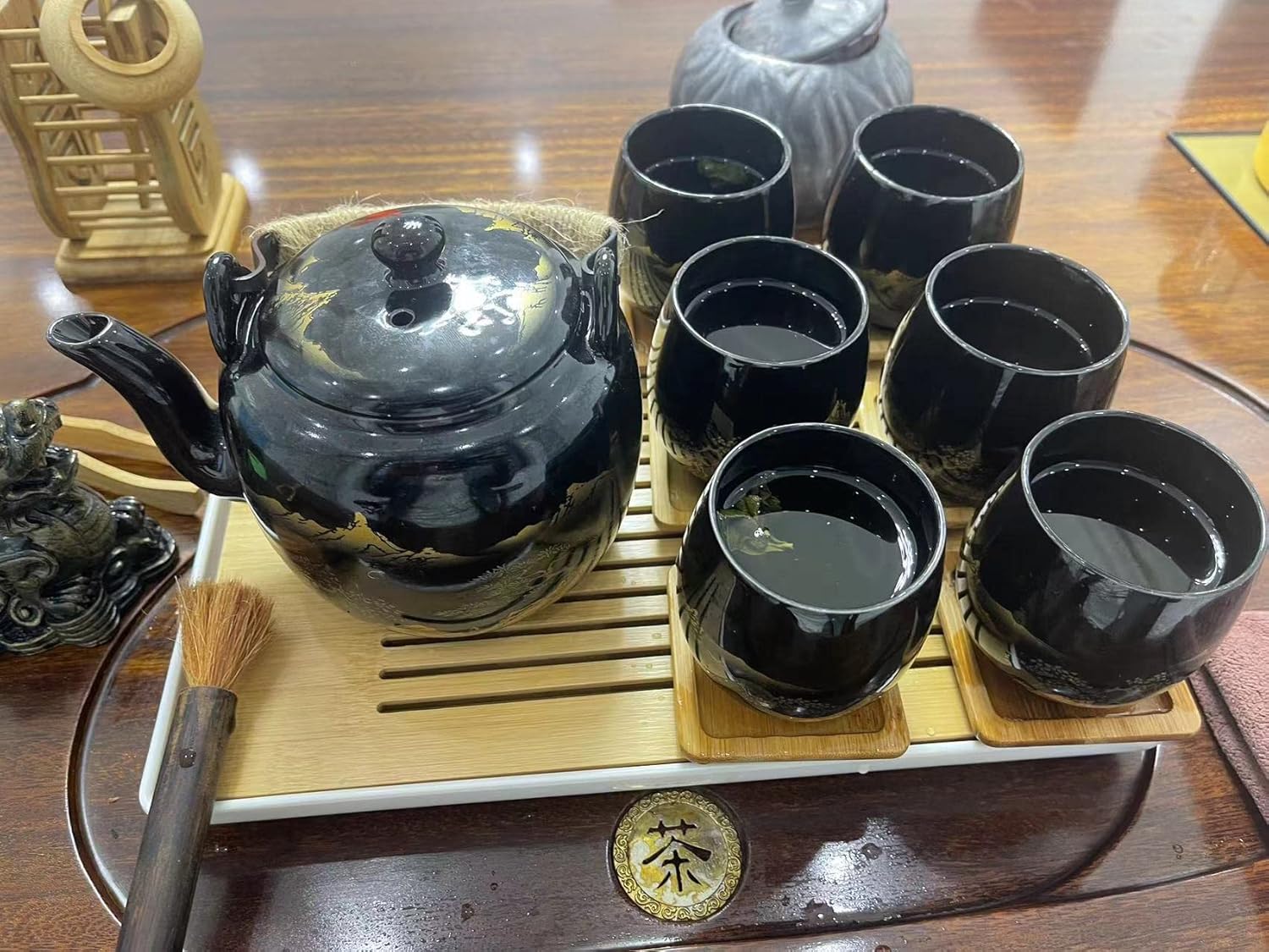 Japanese Tea Set, Black Glazed Tea Set in Gift Box With 1 Teapot, 1 Tea Strainer, 1 Tea Tray and 6 Tea Cups. Ideal Tea Set for Office Home, Asian Tea Sets for Tea Lovers(Landscape Black and Black Cup)