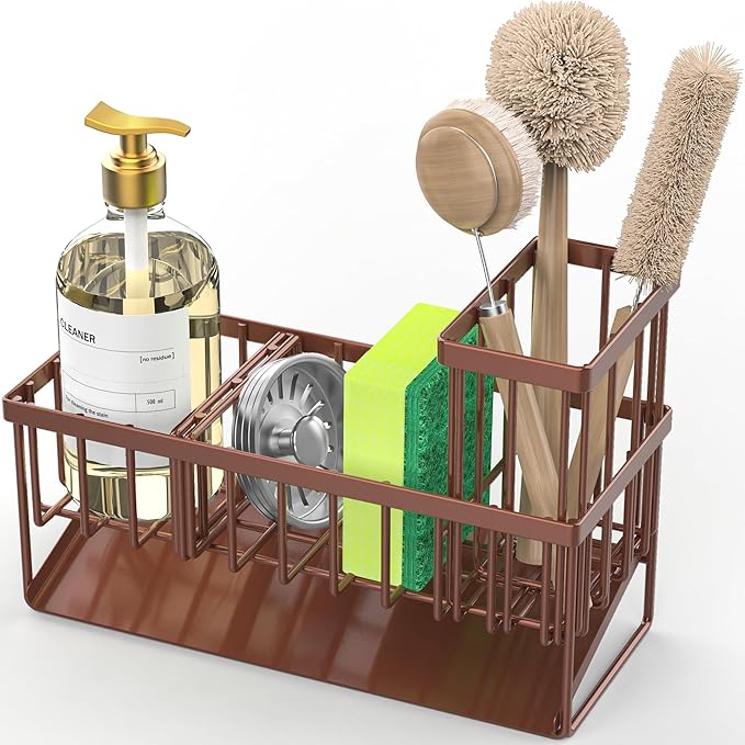 Cisily Kitchen Sink Caddy, Sponge Holder for Kitchen Sink, Kitchen Sink Organzier and Storage with High Brush Holder, Rustproof 304 Stainless Kitchen Gadgets Sink Accessories(Brown)