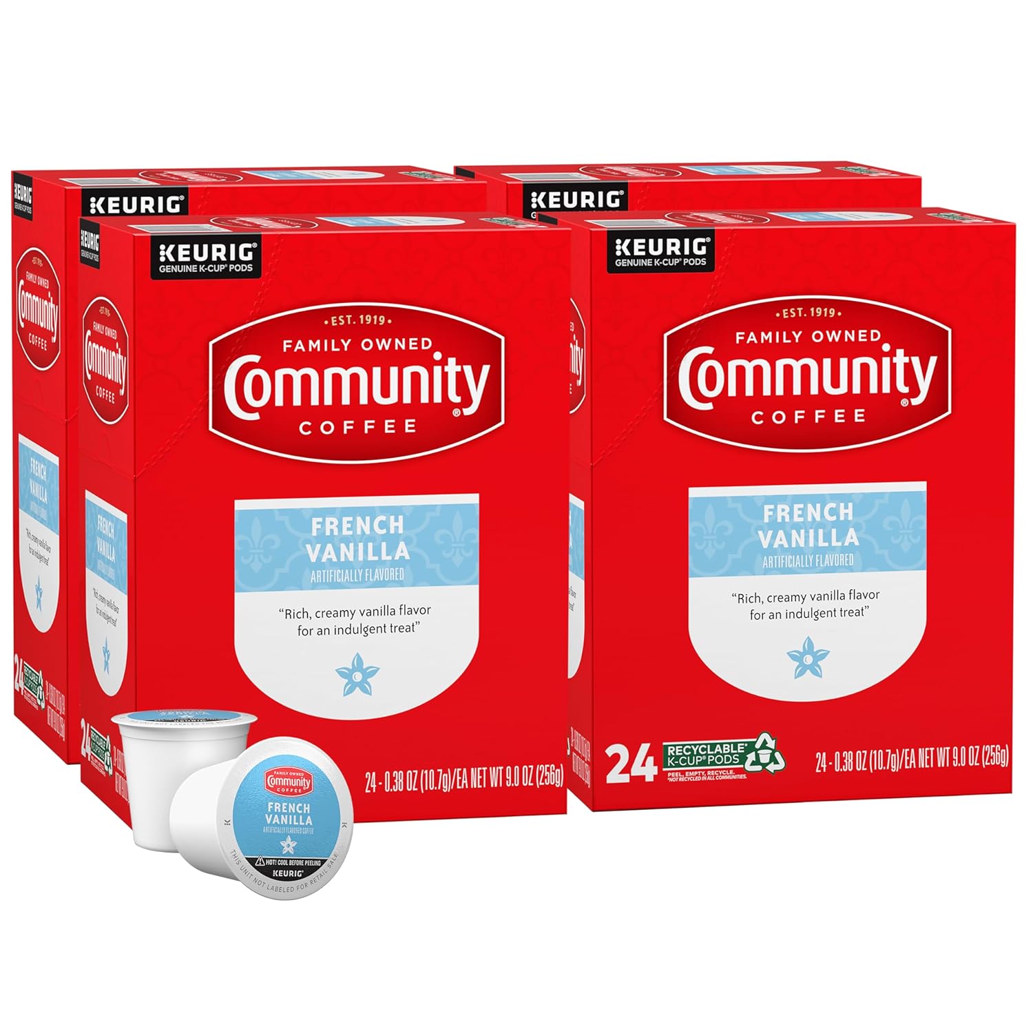 Community Coffee French Vanilla Flavored 96 Count Coffee Pods, Medium Roast, Compatible with Keurig 2.0 K-Cup Brewers, 24 Count (Pack of 4)