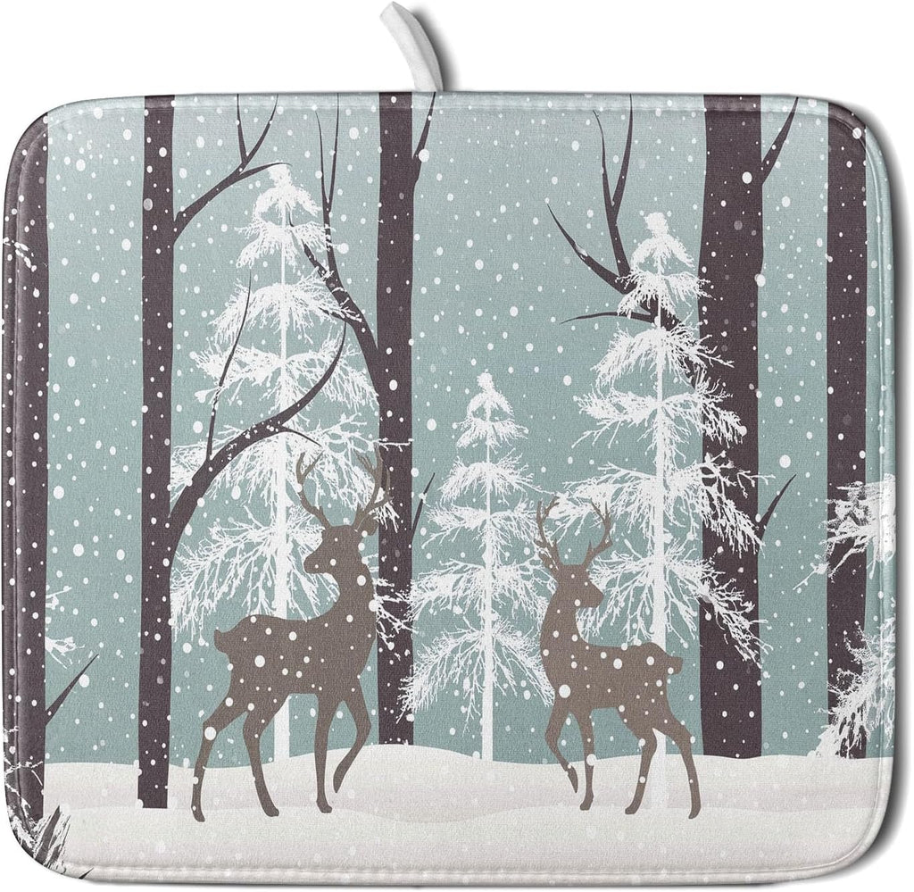 Winter Wildlife Deer Dish Drying Mat for Kitchen Counter,Xmas Landscape Snow Tree Ivory Drying Mat 16 x 18 Inch with High Absorbent Microfiber Drainer Mat for Coffee Bar
