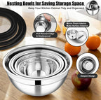 E-far Mixing Bowls Set of 5, Stainless Steel Salad Mixing Bowl with Transparent Lid, Metal Nesting Bowl Attach with 3 Graters for Kitchen Prepping/Serving/Baking/Storage, 4.6/2.6/1.5/1/0.7 QT - Black