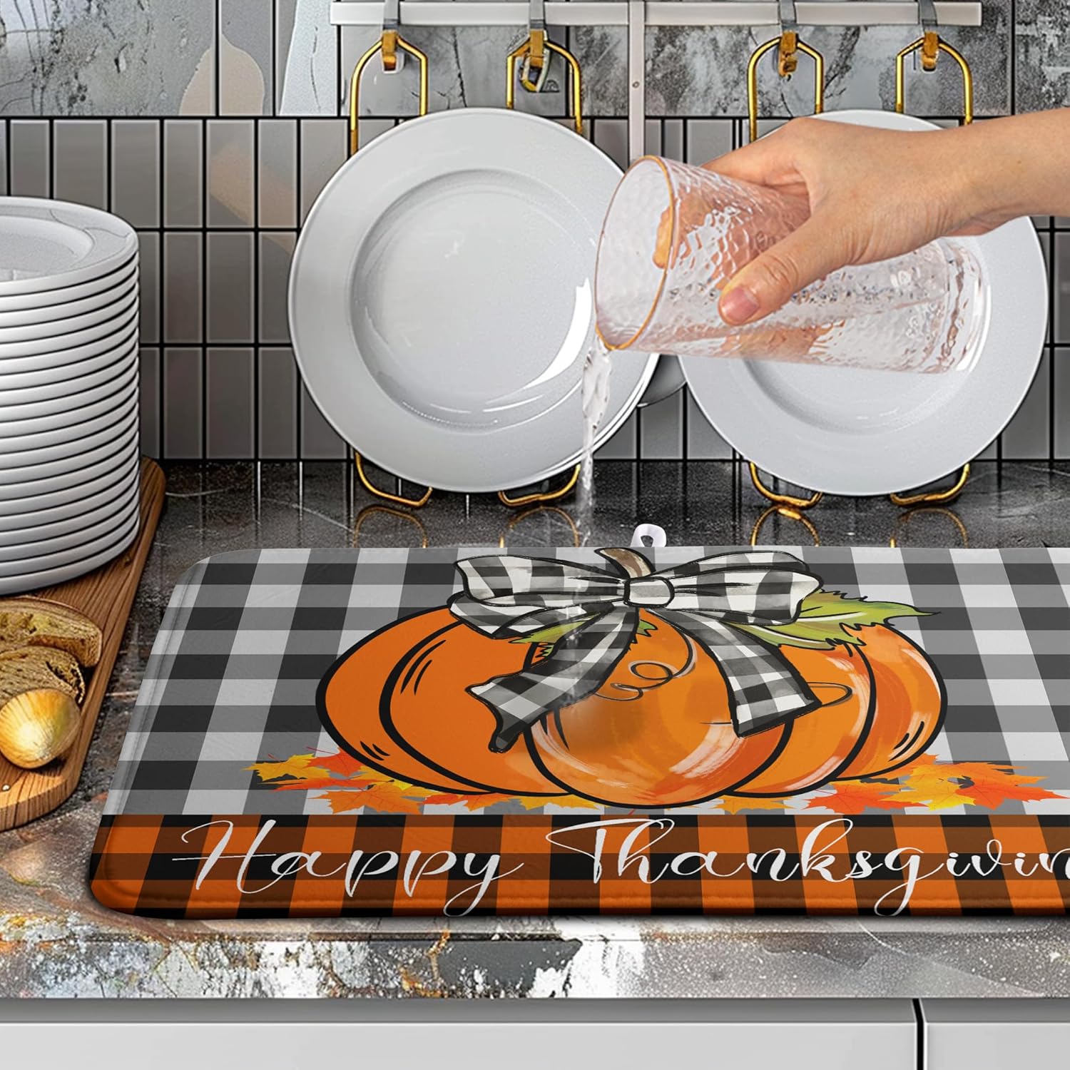 Fall Pumpkin Dish Drying Mats Thanksgiving Kitchen Drying Mat Buffalo Plaid Microfiber Large Dish Dryer Pad Maple Leaves Absorbent Dishes Drain Matt XL Washable Foldable(18x24 in)