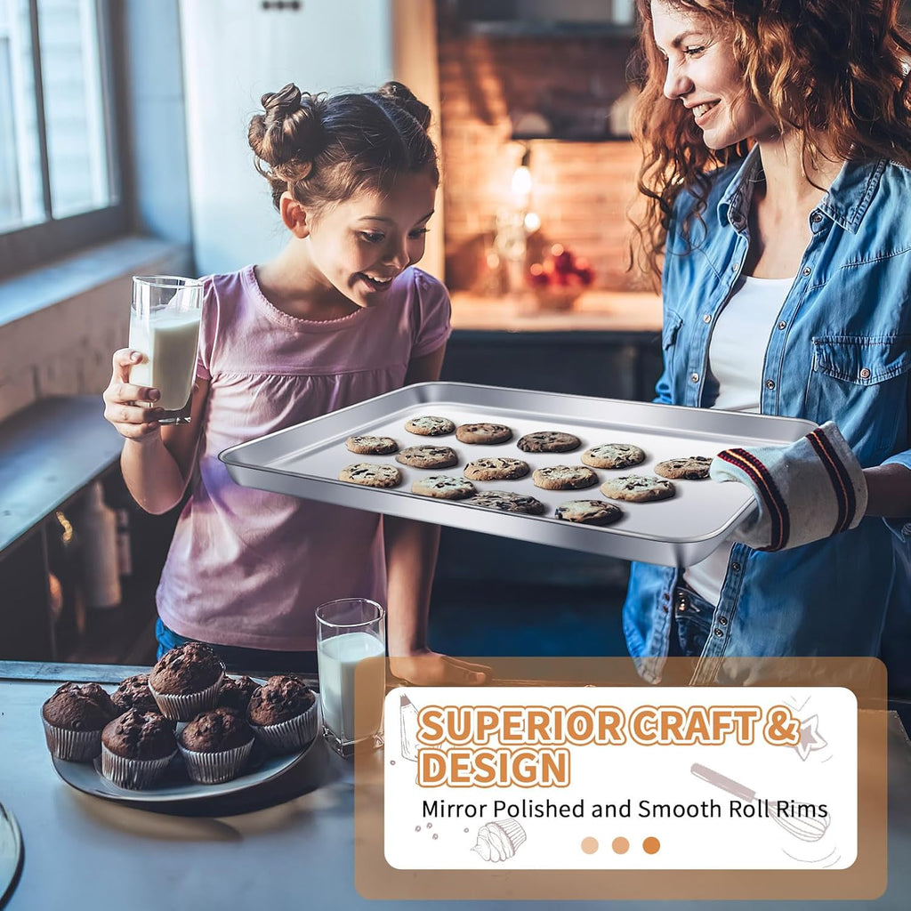 Stainless Steel Baking Sheet Set of 2, Deedro Cookie Sheet Metal Baking Pan Oven Tray, Non Toxic & Heavy Duty, Rust Free & Mirror Finish, Easy Clean & Dishwasher Safe, 20 x 14 x 1.3 Inch