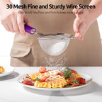 U-Taste Small Fine Mesh Strainer: 18/8 Stainless Steel 3.35in 30 Mesh Kitchen Food Sieve with Sturdy Riveted Silicone Handle, Heavy Duty Deep Handheld Metal Colander for Tea, Juice (Purple)