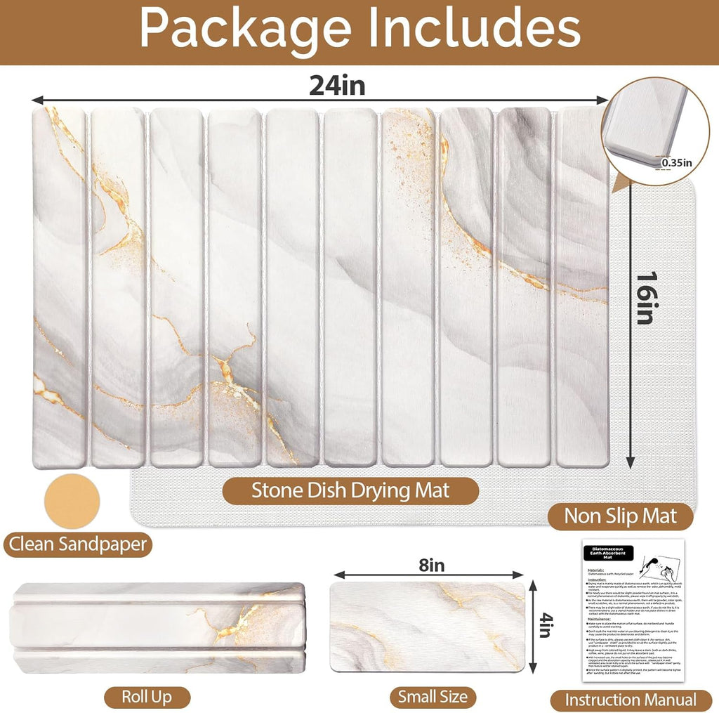 Large Stone Dish Drying Mat for Kitchen Counter,Quick Dry Stone Dishes Mats,Marbled Water Absorbing Diatomaceous Earth Drying Pad for Countertop Bottles Utensils Cups(Yellow White 24"x16"&8"x4")