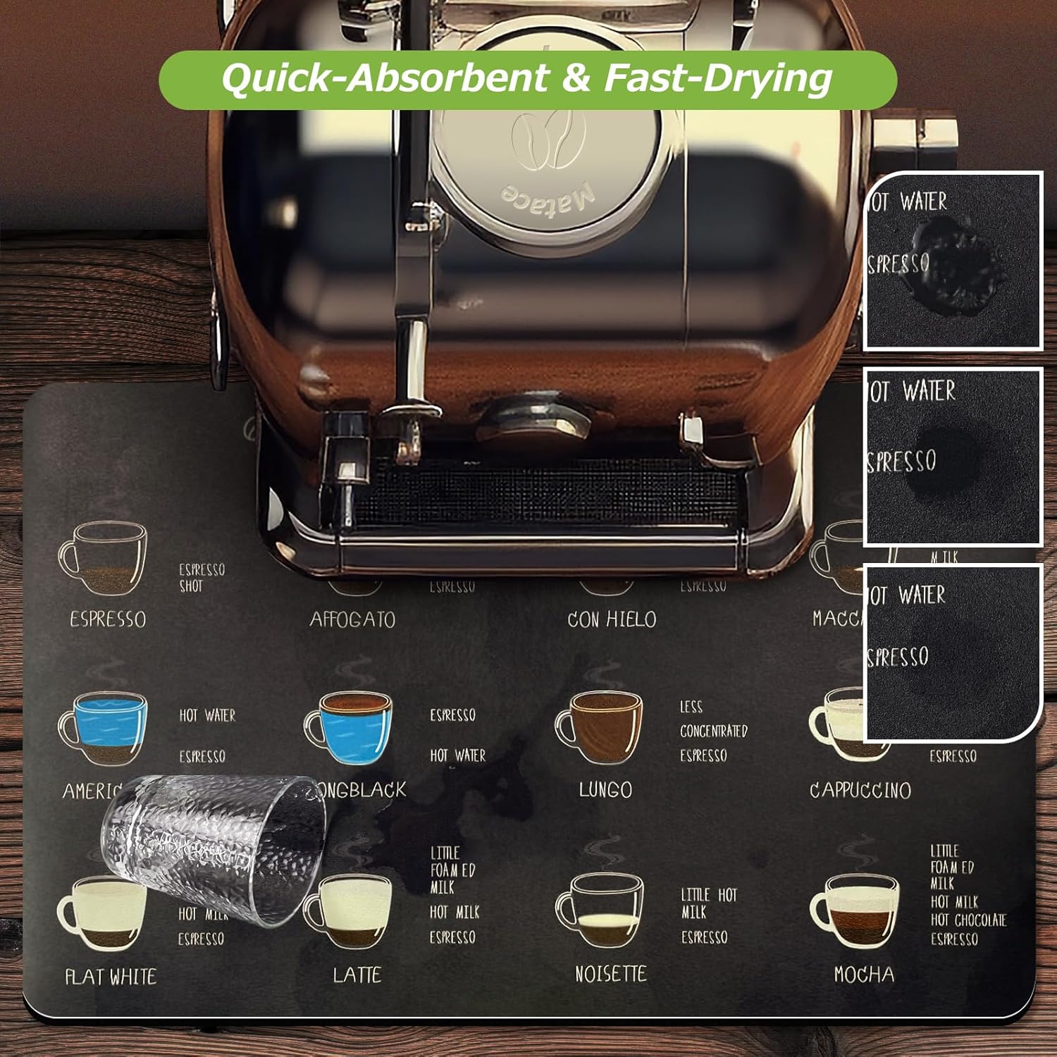 Matace Designer Coffee Bar Mat, Small 12 x 19 Inches, Rubber Backing, Absorbent Coffee Maker Mats for Dish Drying, Kitchen Countertop, Heat Resistant, Coffee Flavor Menu, Black