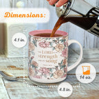 Christian Art Gifts Pink Floral Ceramic Coffee Mug – 14 oz. Lead and Cadmium-free Non-toxic Inspirational Scripture Coffee and Tea Mug for Women with Bible Verse: My Strength and My Song –Psalm 118:14