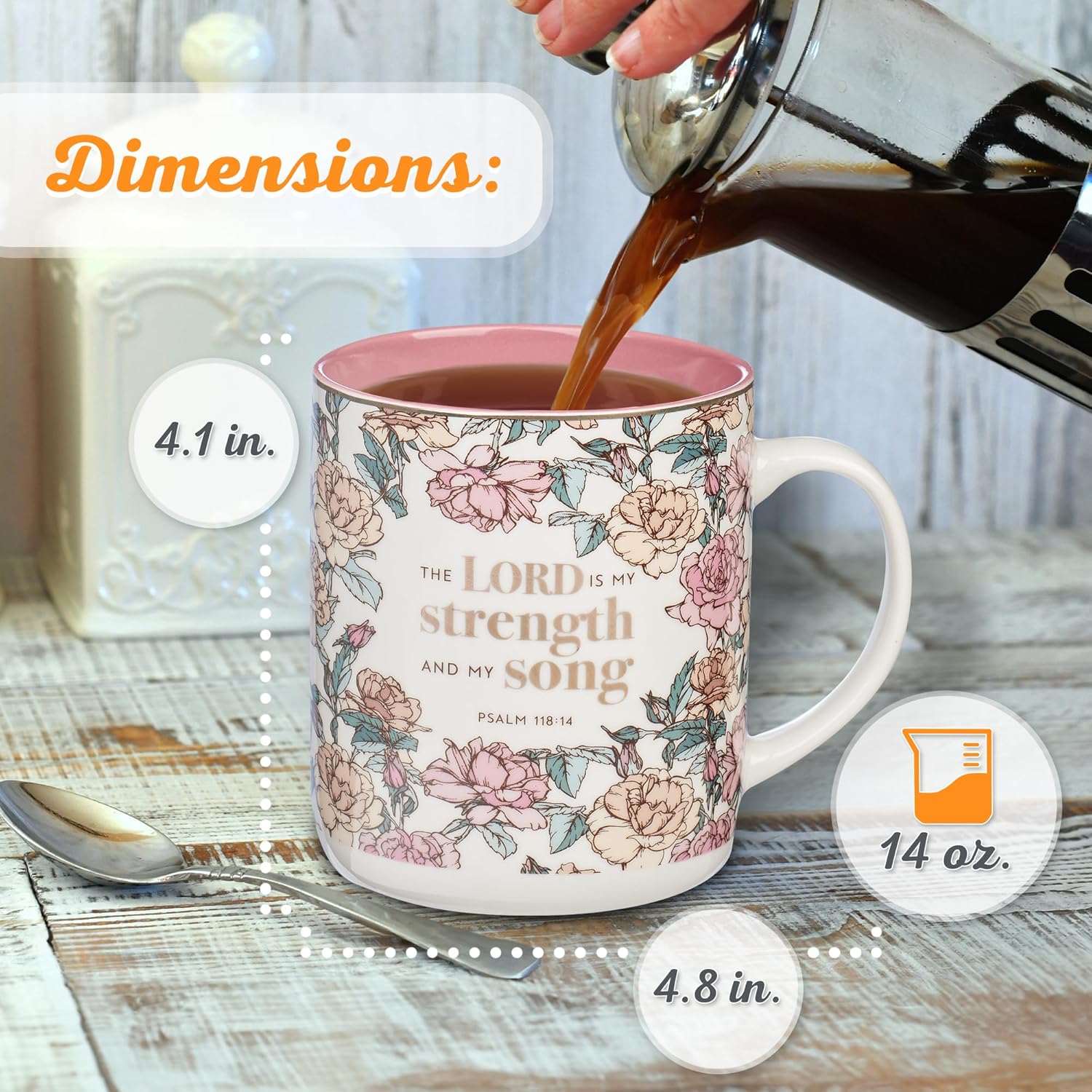 Christian Art Gifts Pink Floral Ceramic Coffee Mug – 14 oz. Lead and Cadmium-free Non-toxic Inspirational Scripture Coffee and Tea Mug for Women with Bible Verse: My Strength and My Song –Psalm 118:14