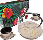 7PC Japanese Tea Set. "Sand Color" Cast Iron Tea Pot with 2 Tea Cups, 2 Saucers, Tea Infuser and Teapot Trivet. Ceremonial Matcha Accessories