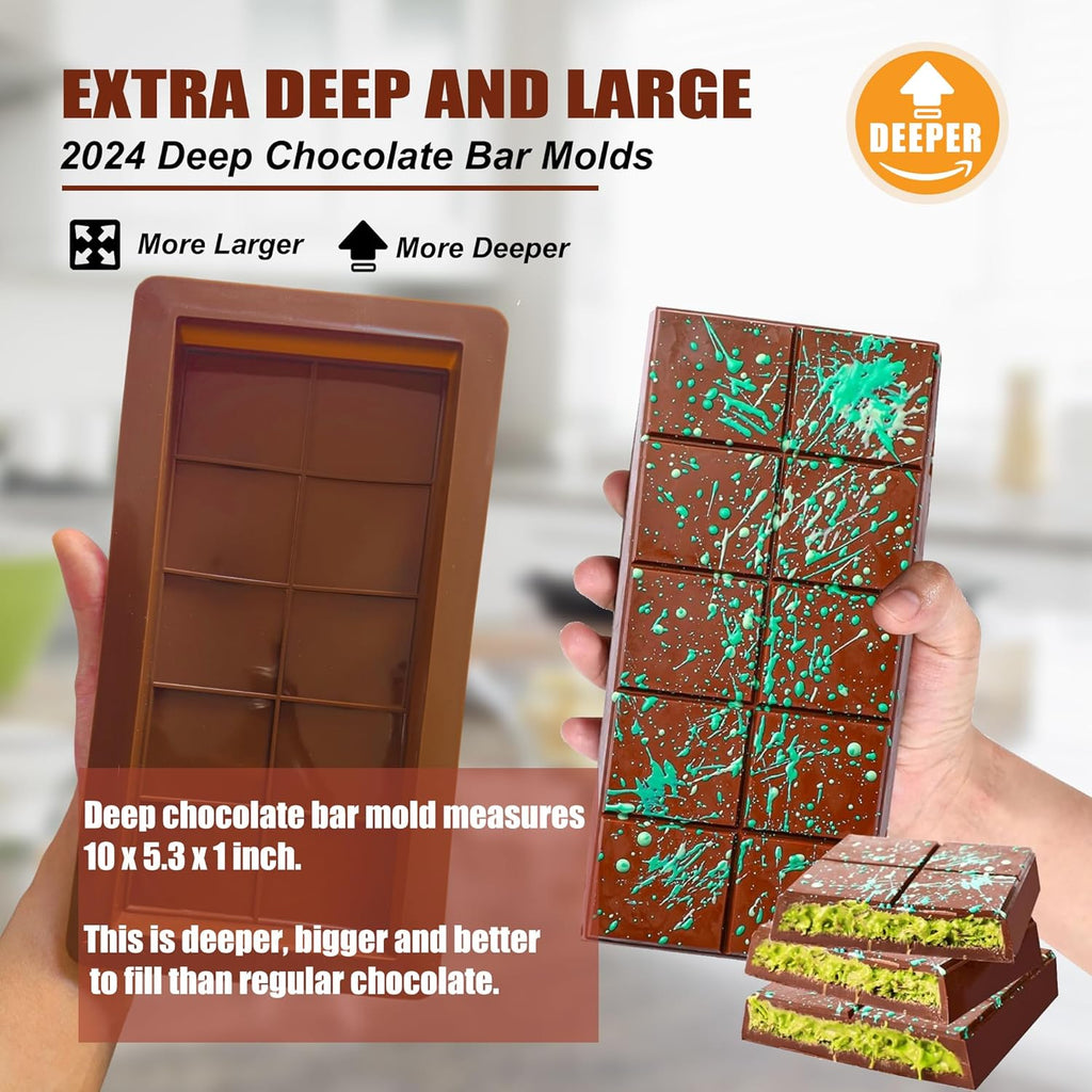 2 Pack Deep Chocolate Bar Molds Silicone,Large Stuffed Dubai Pistachio Deep Bar Moulds Kit 1 Inch Thick Big，for Homemade Making Bar Candy Bar Bpa Free DIY.