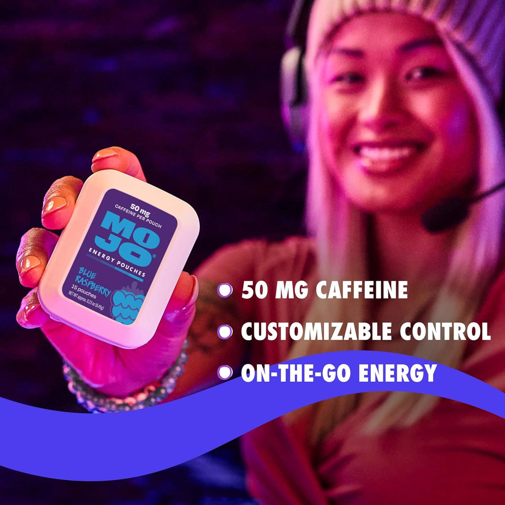 MOJO Energy Pouches Blue Raspberry Flavor, 50 mg per Caffeine Pouch, 15 Pouches, 5-Pack
