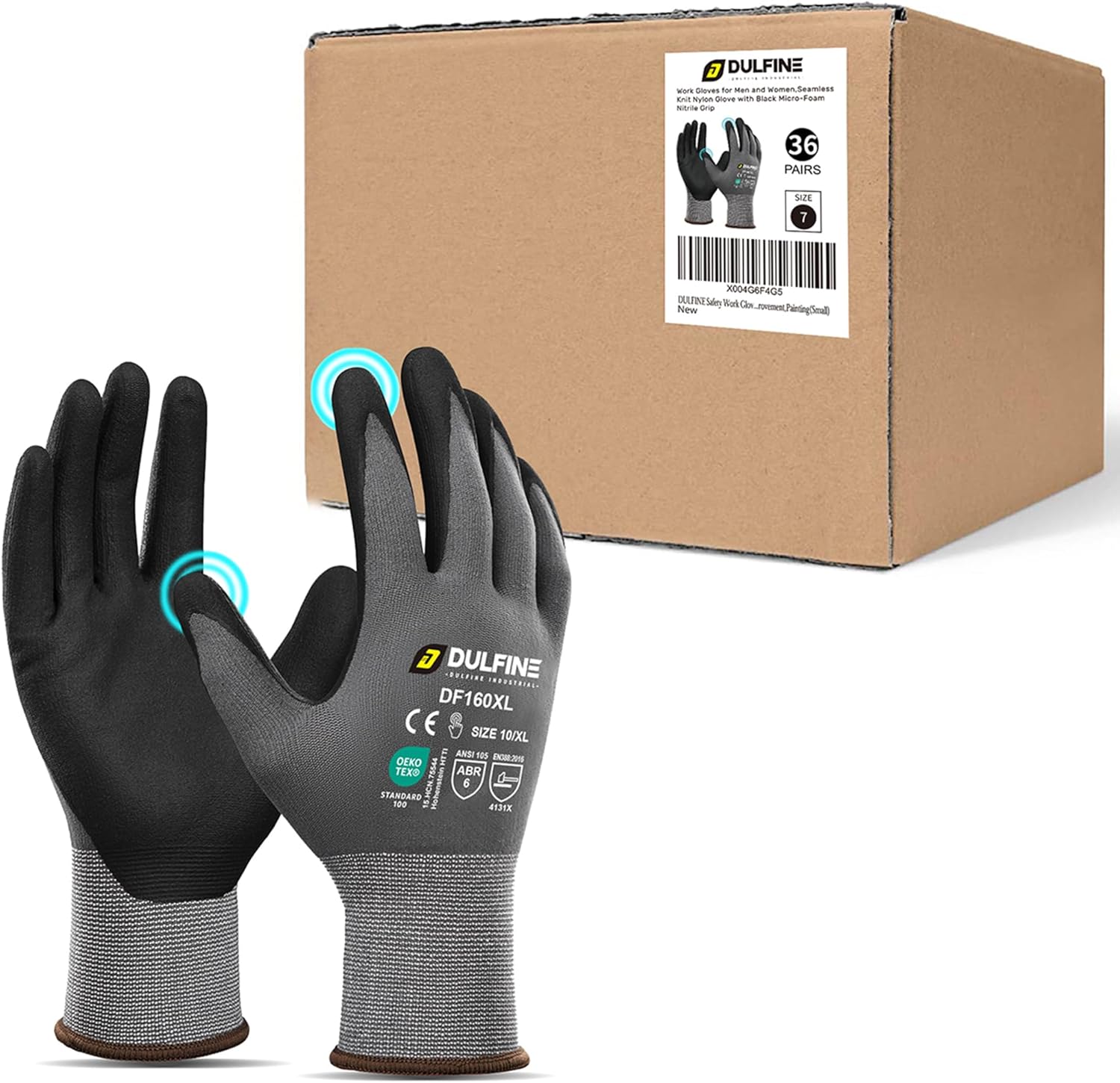 DULFINE Safety Work Gloves MicroFoam Nitrile Coated-36 Pairs Pack,Seamless Knit Nylon Glove with Black Micro-Foam Nitrile Grip,Ideal for General Purpose,Automotive,Home Improvement,Painting(Small)