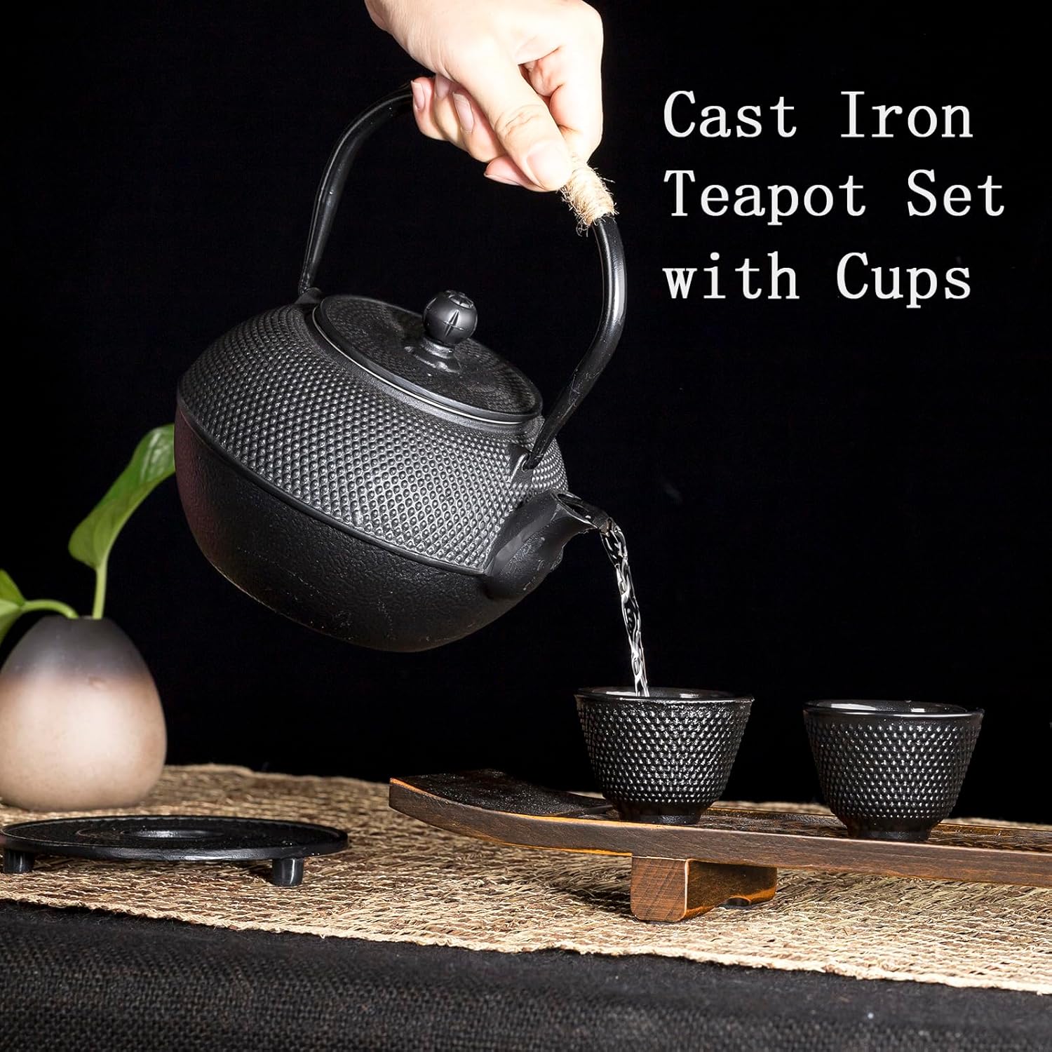 YJX Cast Iron Tea Pot Set, Japanese Tetsubin, 40.6oz Tea Kettle for Stovetop, Black Teapot with Stainless Steel Infuser for Loose Leaf Tea, 1200ml Small Asian Tea Set with Teacups