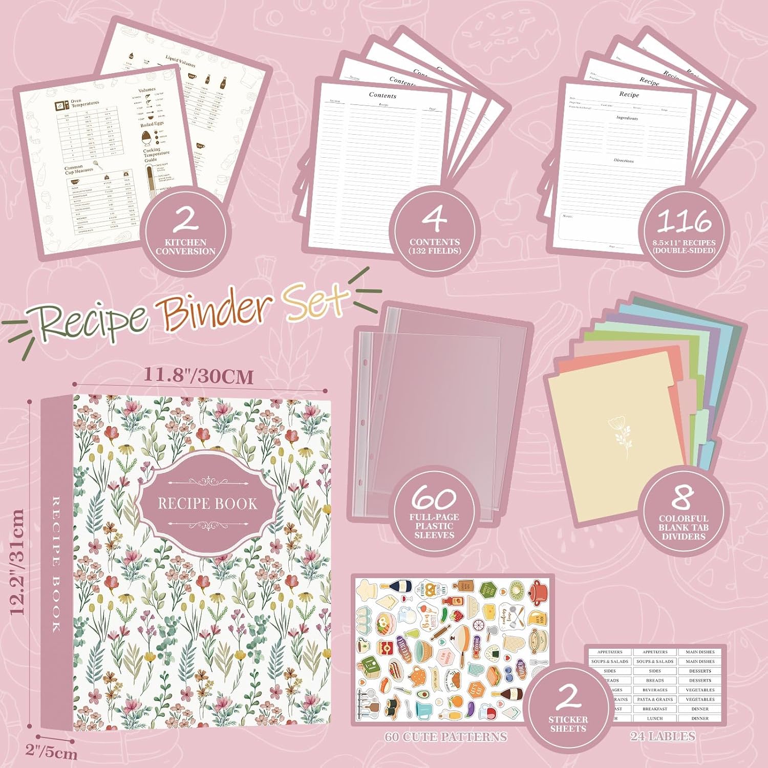 Lanpn Recipe Binder 8.5x11 3 Ring Kit, Blank Organizer Recipe Binder Waterproof Cookbook to Write in Your Own Recipes with 60 Plastic Sleeves,116 Recipes, Dividers,Labels & Stickers, Pink