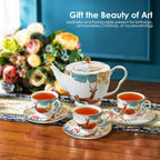 ACMLIFE Tea Cups and Saucers for 1, Bone China Teacup Set for Adults with Gold Trim and Gift Box, Deer Chinese English British Wedding Tea Set for One Coffee Cup Set 6.8 oz (Red-Deer)