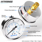 MEANLIN MEASURE 0~400Psi Stainless Steel 1/4" NPT 2.5" FACE DIAL Liquid Filled Pressure Gauge WOG Water Oil Air Center Back Mount, with 1/4" x 1/2" NPT and 1/4" x 3/8" NPT Hex Bushing