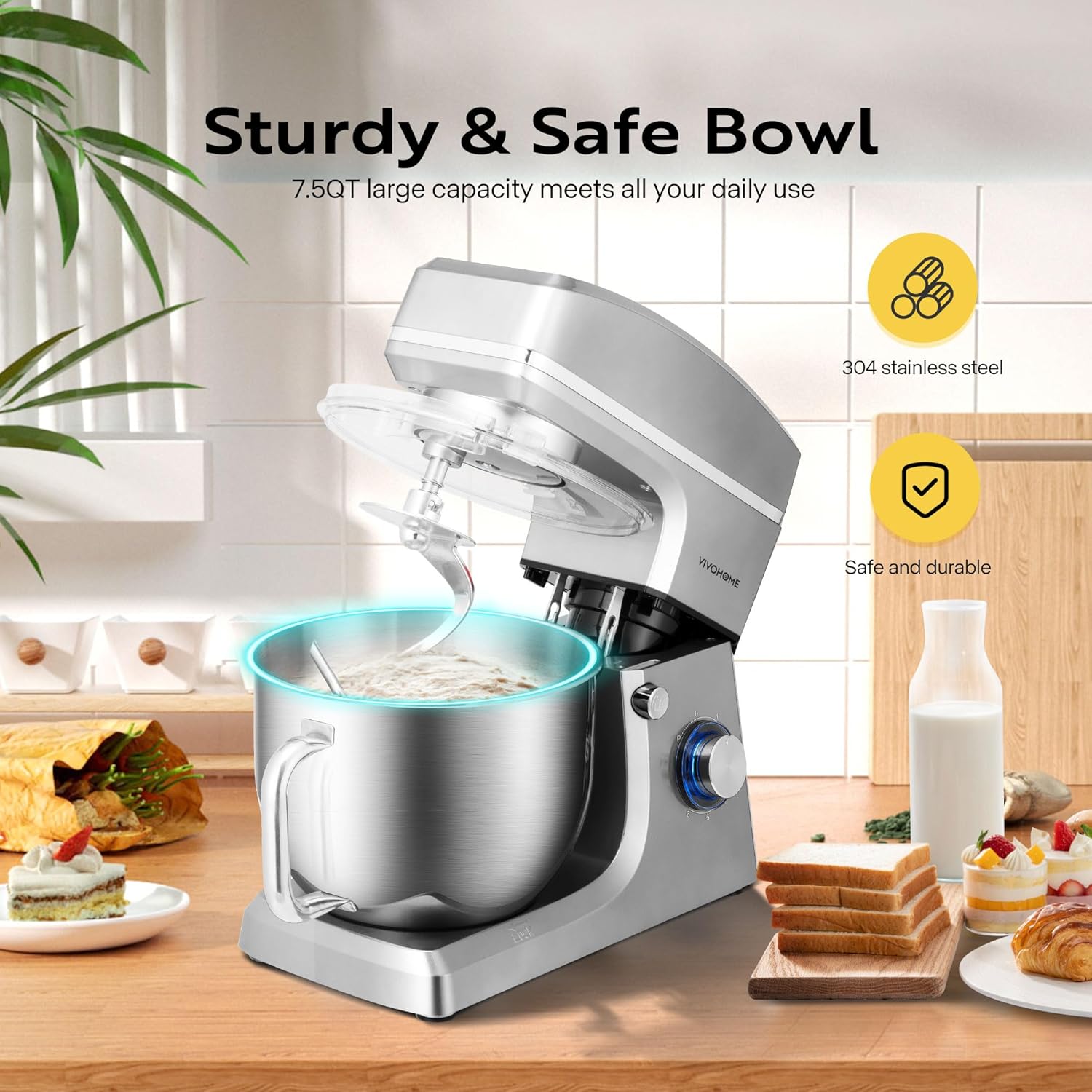 VIVOHOME 7.5 Quart Stand Mixer, 660W 6-Speed Tilt-Head Kitchen Electric Food Mixer with Beater, Dough Hook, Wire Whip, and Egg Separator, Silver