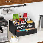 Farmhouse Wooden Coffee Bar Organizer - Countertop Station With Drawer, Pods Holder & Storage Basket