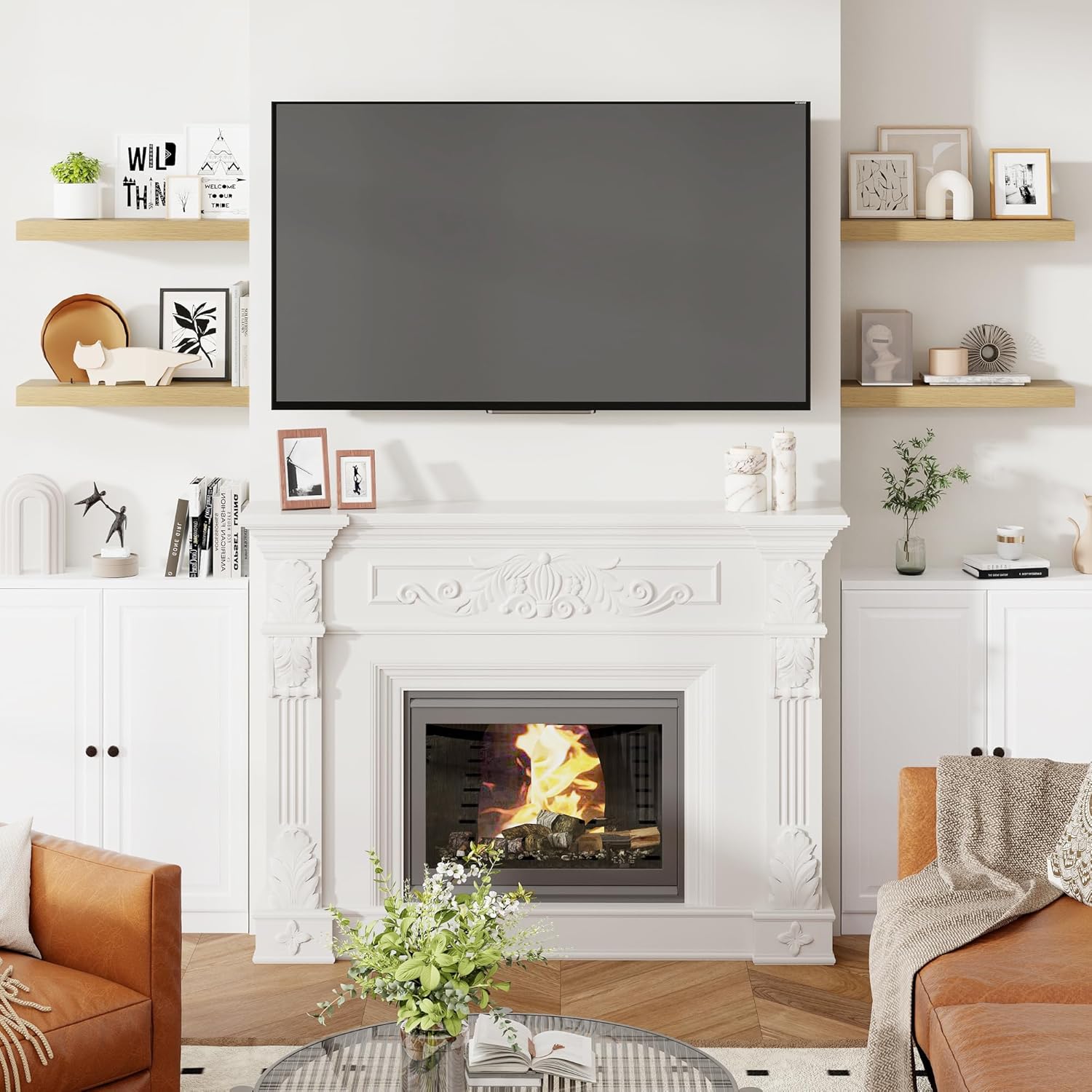 Heimlove 24 Inch Floating Shelves for Wall Oak Shelves Set of 2,Wall Mounted Rustic Wood 8 Inch Deep Floating Shelf with Invisible Brackets for Bedroom Kitchen Living Room