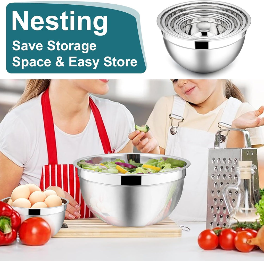 E-far Mixing Bowls with Lids, 12-Piece Stainless Steel Salad Bowls Metal Nesting Bowls for Baking Cooking and Prepping, Airtight Lids & Stackable Design, Size 7, 4.5, 3, 1.5, 1.2, 0.7 QT (Blue)