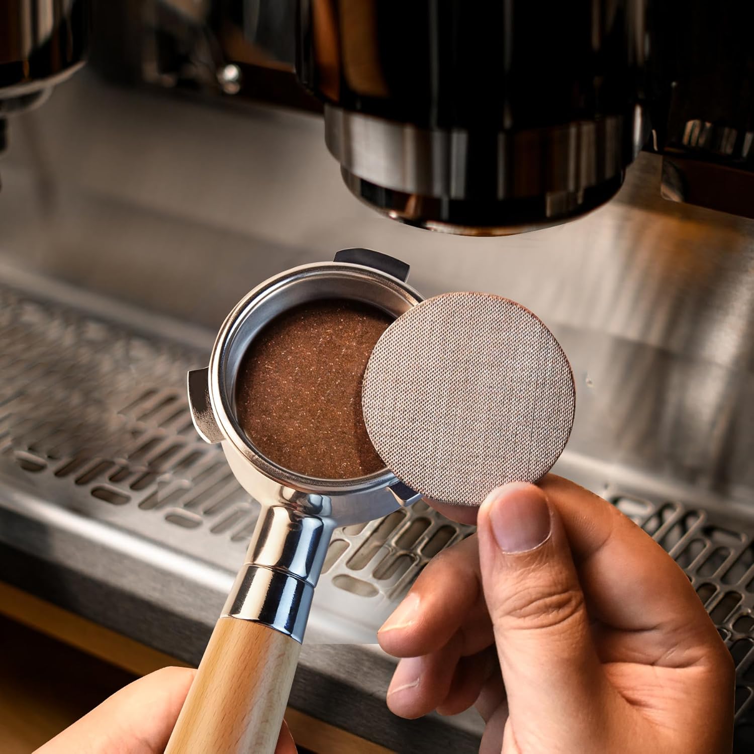 54 mm Bottomless Portafilter with Puck Screen, 3 Ears Espresso Portafilter Compatible with Breville Barista Express Machines,Stainless Steel Por tafilter and Maple Handle