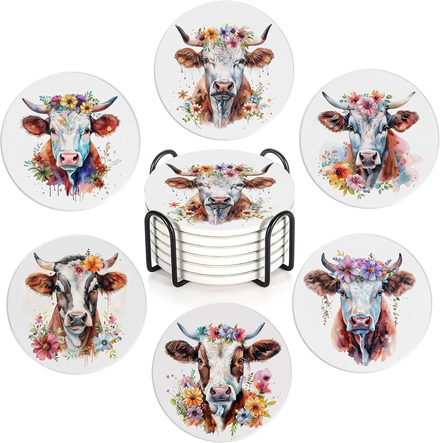 6 Pcs Coasters for Drinks with Holder, Highland Cows Flowers Absorbent Ceramic Coasters with Cork Base,Cute Funny Table Drinks Coasters Tabletop Protection Mat,Table Home Decor,4 Inches