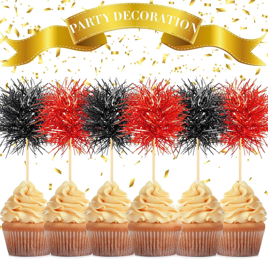 Chinco 100 Pcs Foil Firework Cupcake Toppers Sparkle Tinsel Cake Toppers Cake Decoration Cocktail Fruit Toothpick for Birthday Wedding Graduation Party(Red, Black)