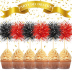 Chinco 100 Pcs Foil Firework Cupcake Toppers Sparkle Tinsel Cake Toppers Cake Decoration Cocktail Fruit Toothpick for Birthday Wedding Graduation Party(Red, Black)
