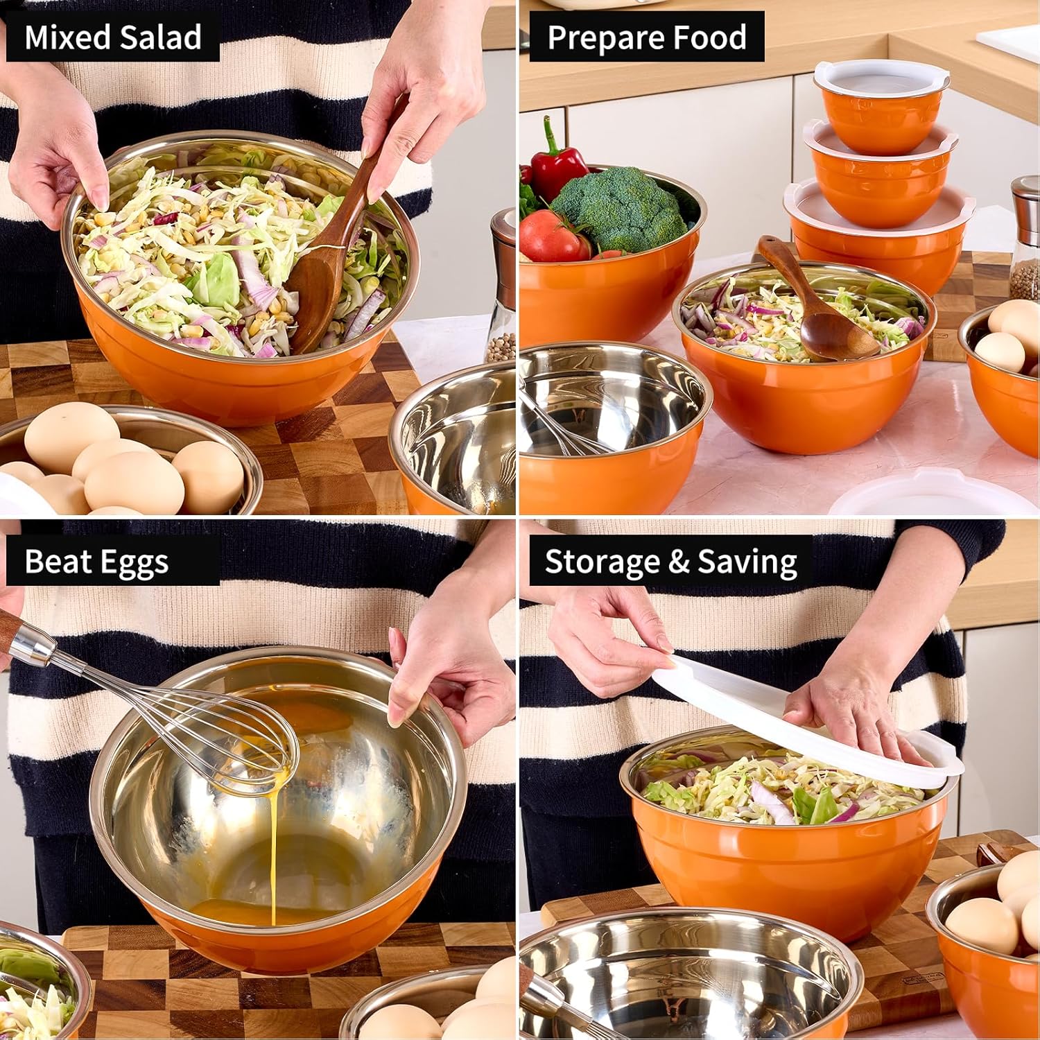Orange Mixing Bowls with Lids Set of 7, Stainless Steel Nesting Bowl with Khaki Lid for Non-slip Mixing Prepping Storing Serving, 7 Sizes-7/3.6/2.7/2.1/1.5/1/0.8 QT