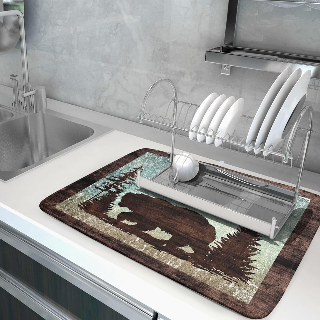 Retro Brown Bear Forest Cabin Dish Drying Mat Countertop 18x24 Fall Blue Sky Cloud Cartoon Wild Animal Bushes Drainer Mat Pine Tree Grass Dishes Pad Rustic Floral Dish Drainer Rack Winter Wildlife