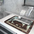 Retro Brown Bear Forest Cabin Dish Drying Mat Countertop 18x24 Fall Blue Sky Cloud Cartoon Wild Animal Bushes Drainer Mat Pine Tree Grass Dishes Pad Rustic Floral Dish Drainer Rack Winter Wildlife