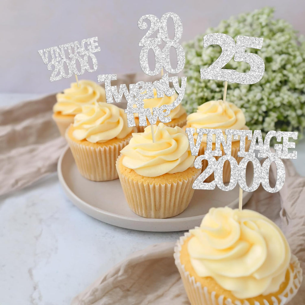 Gyufise 24Pcs 25th Birthday Cupcake Toppers Glitter Twenty-five Vintage 2000 Hello 25 Years Birthday Cupcake Pick Cheers to 25 Cake Decoration for Happy 25th Anniversary Party Supplies Silver