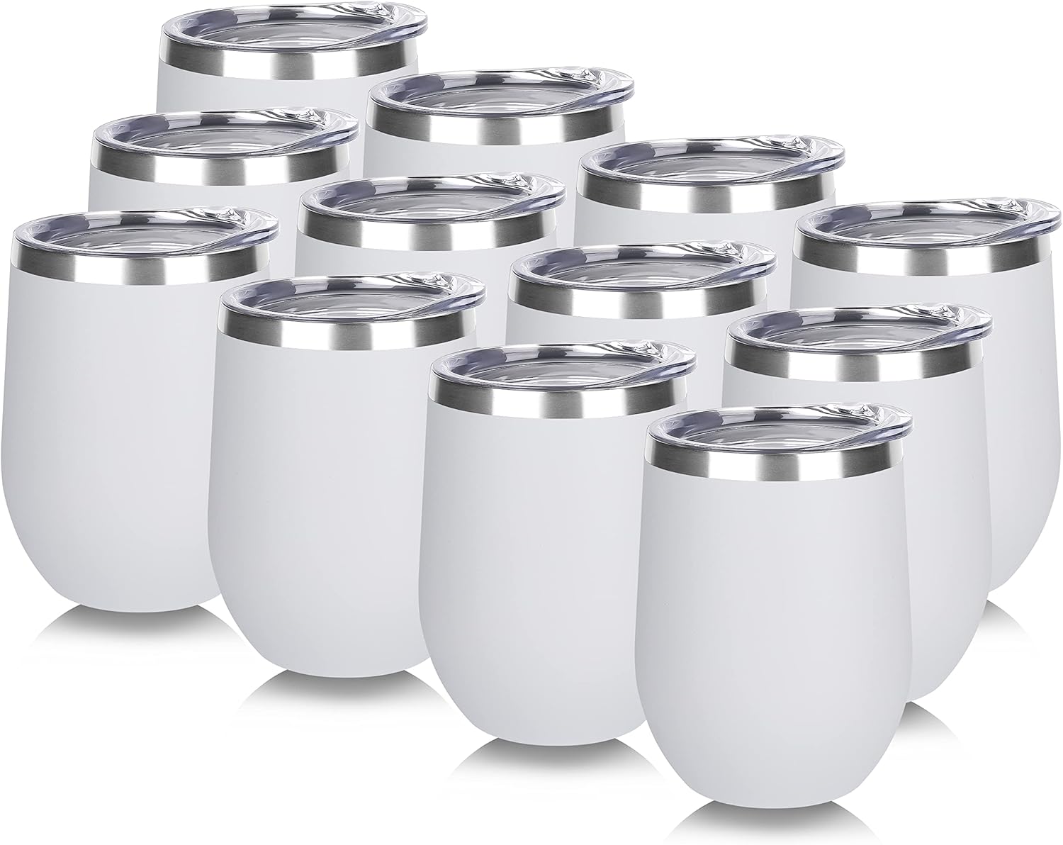 DOMICARE Stainless Steel Wine Tumbler Bulk with Lid, Personalized White Insulated Tumblers Set, 12oz Travel Coffee Cups Pack of 12