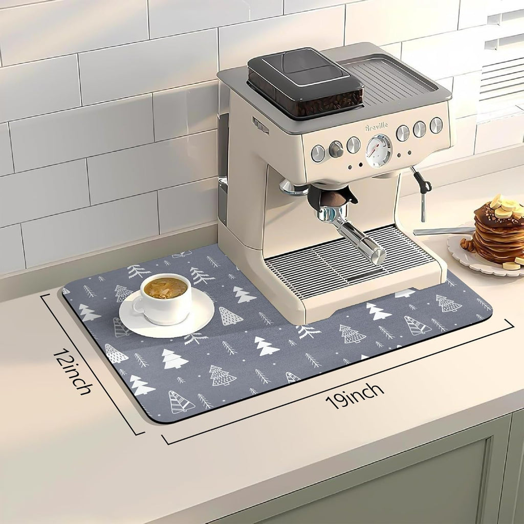 Bloss Coffee Mat, Christmas 12"x19" Bar Mat with Waterproof Rubber Backing, Fit Under Coffee Maker Machine/Kitchen Counter/Dish Drying Mat-Grey and Pine