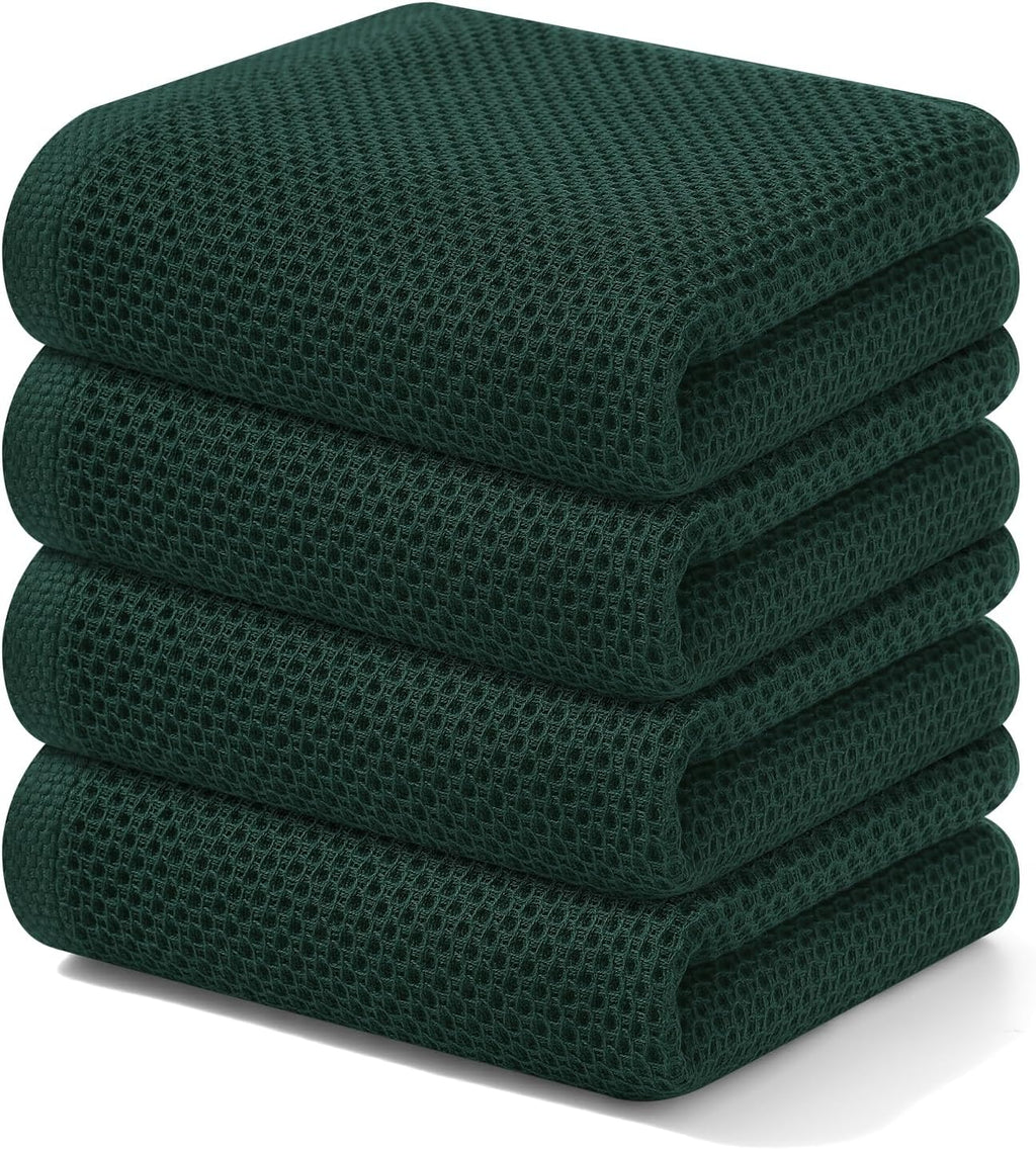 Kitinjoy 100% Cotton Waffle Weave Kitchen Towels, 4-Pack Super Soft and Absorbent Dish Towels for Drying Dishes, Kitchen Hand Towels, 13 in x 28 in, Blackish Green
