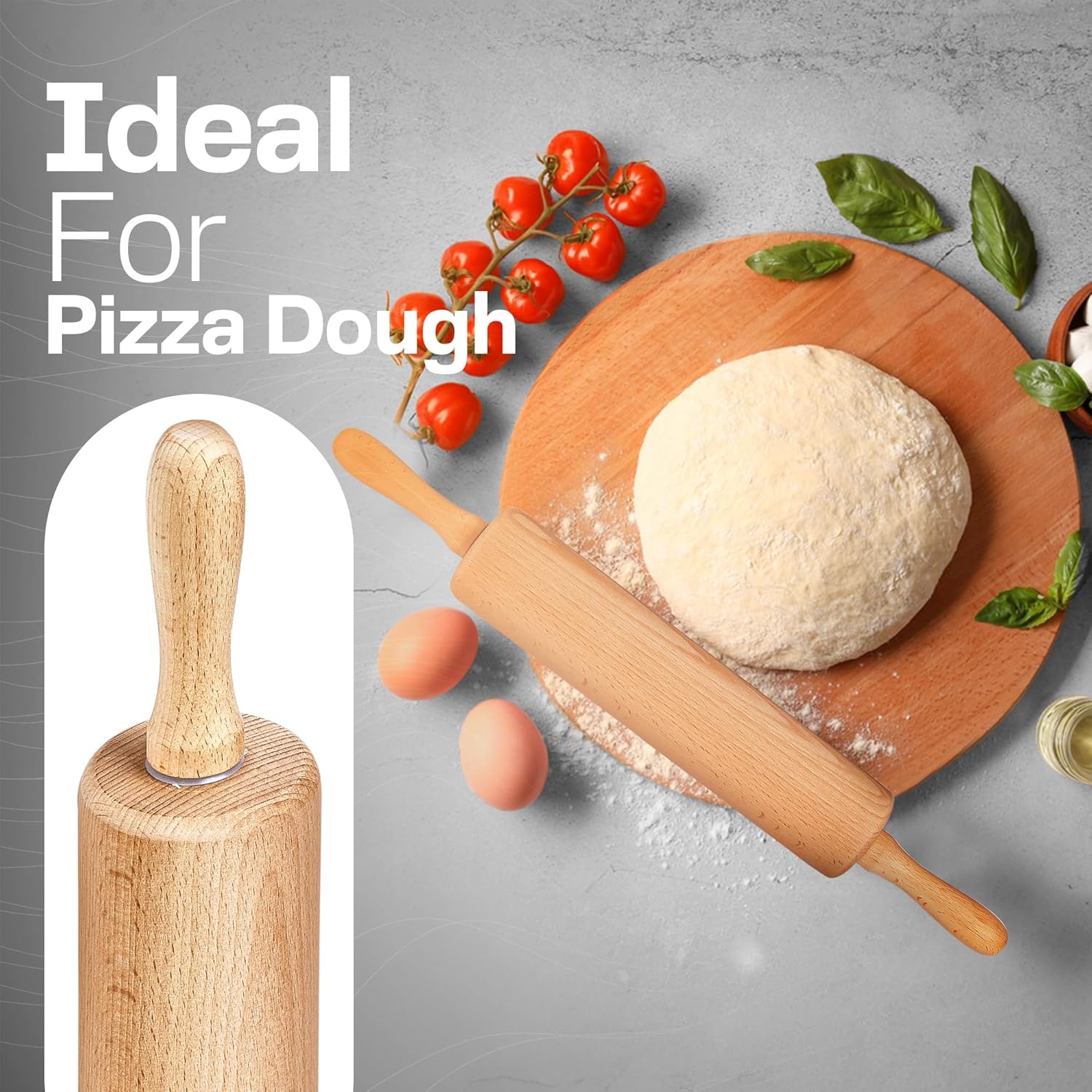All-Purpose 17.6 Inch Beech Wood Non-Stick Rolling Pin - For Baking, Pizza, Pasta, Pie, Cookies, Pastry.
