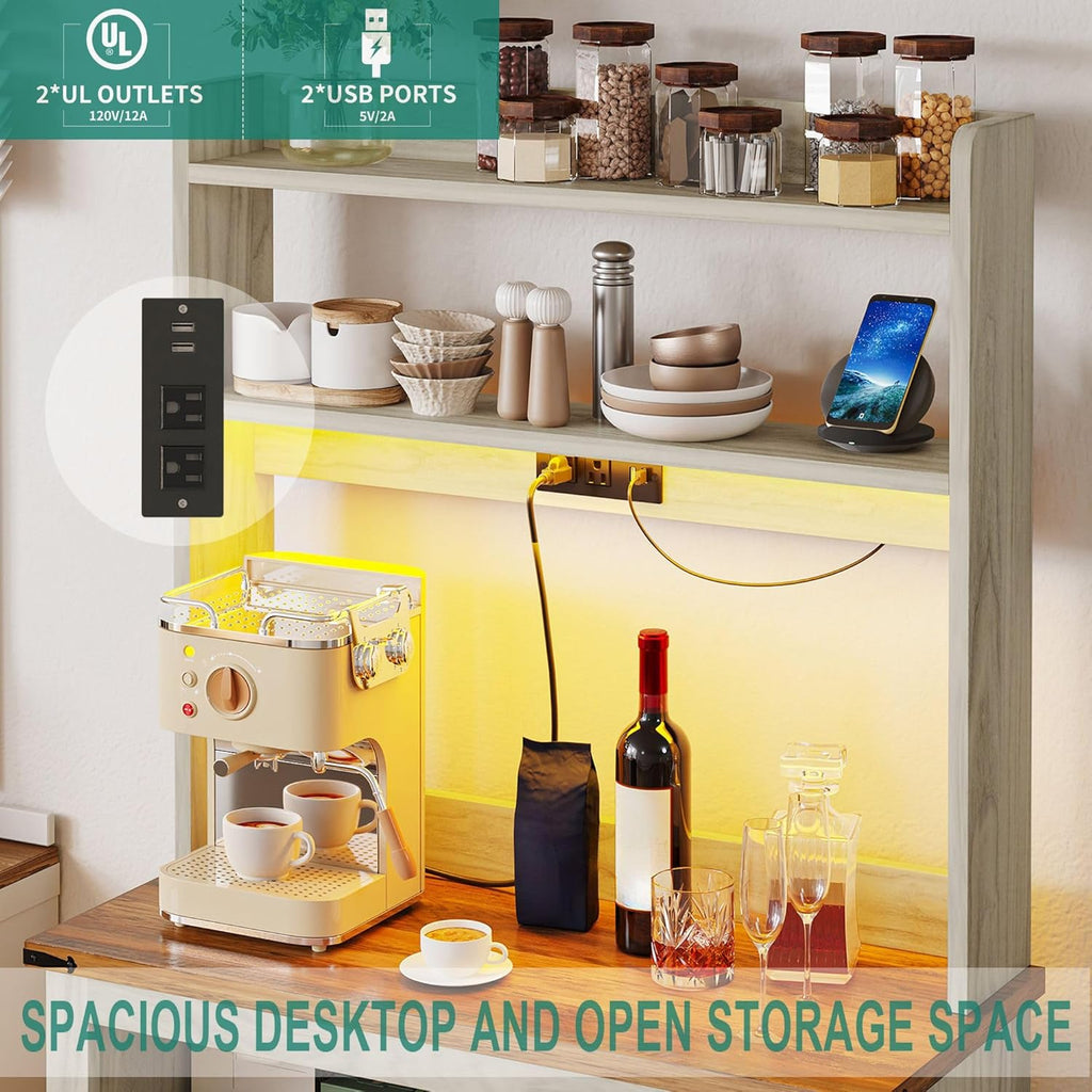 YITAHOME Bakers Rack Cabinet, Microwave Stand with Power Outlet & RGB LED Lights, Farmhouse Coffee Bar Station with Storage, 5-Tier Kitchen Pantry Hutch for Dining Living Room,White Walnut Grain